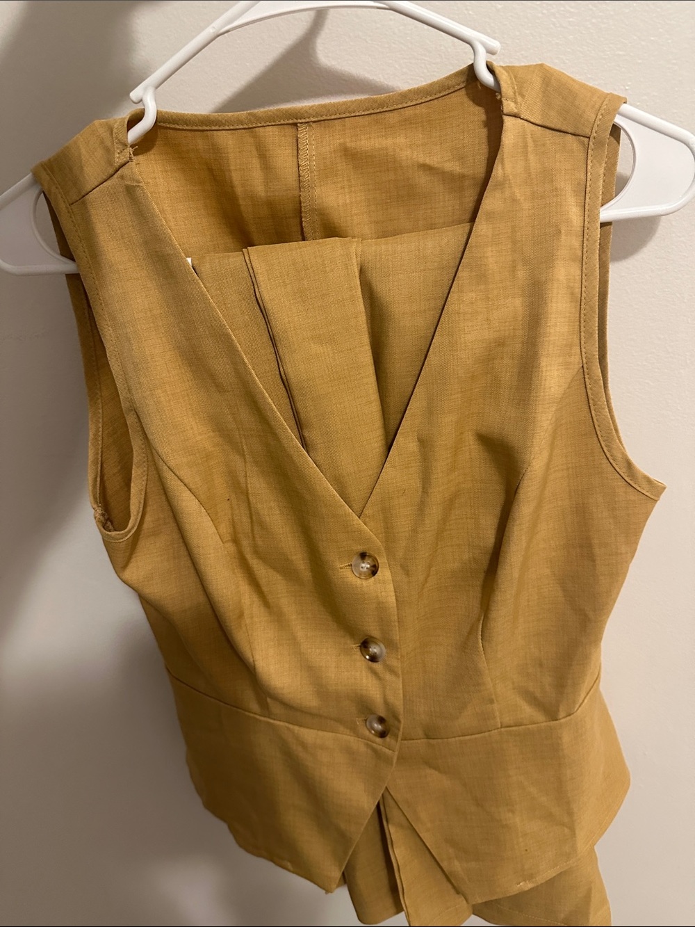 Sleeveless V-Neck Mustard Dress with Button Front & Pants